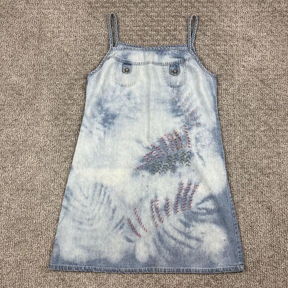 Vintage Blue Dress Womens 7/8 Denim Made USA Fern Embroidered Pockets 90s Y2K - Picture 1 of 7